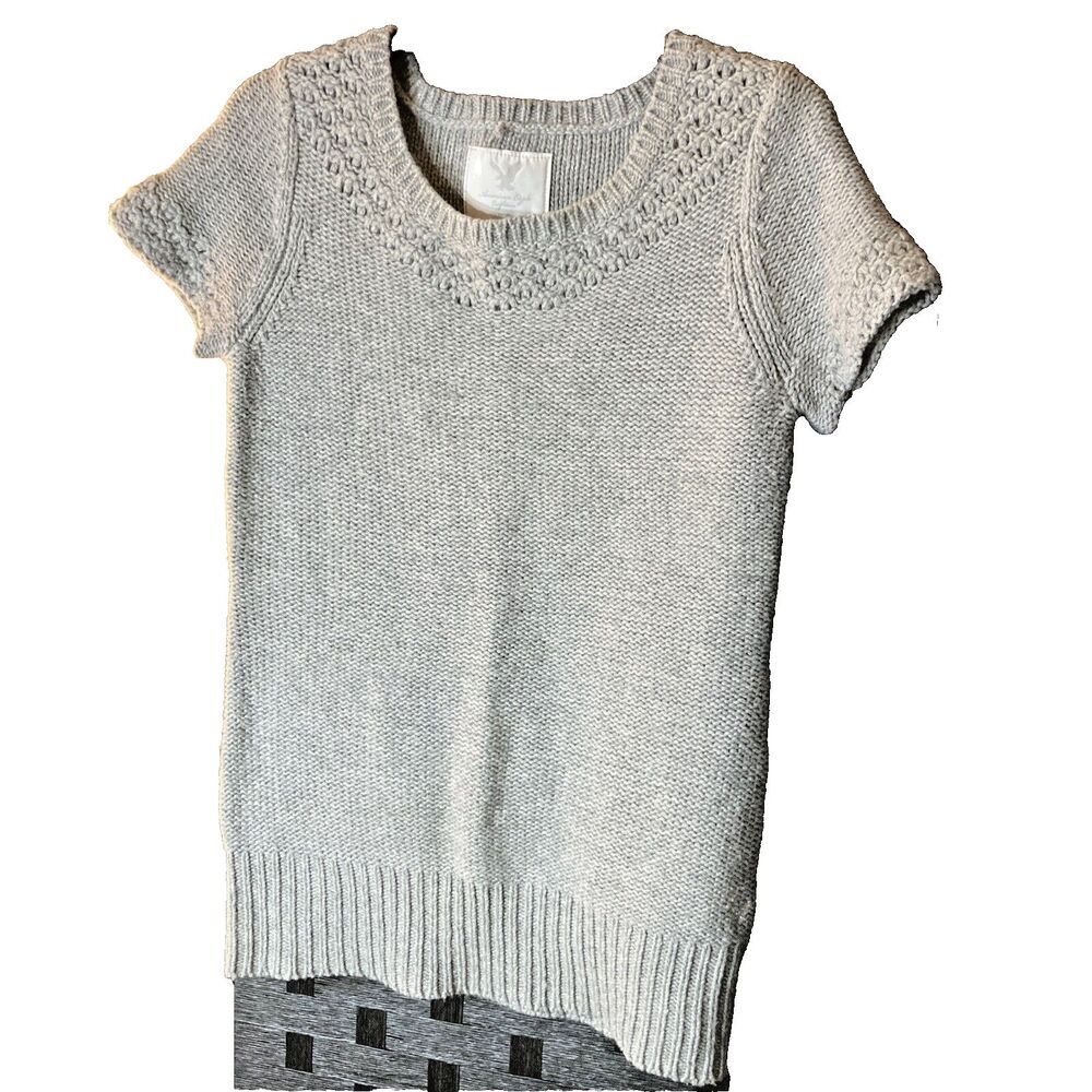 American Eagle AEO Gray Knit Short Sleeve Wool Blend Sweater Size Medium